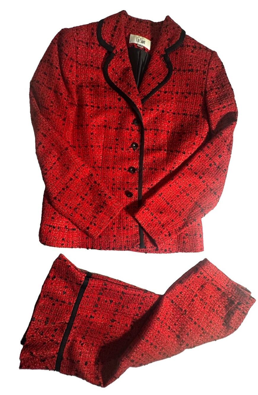 Vintage 90s Le Suit Women 6 Red Black Tweed Skirt Suit Ruffle Hem 2 Piece